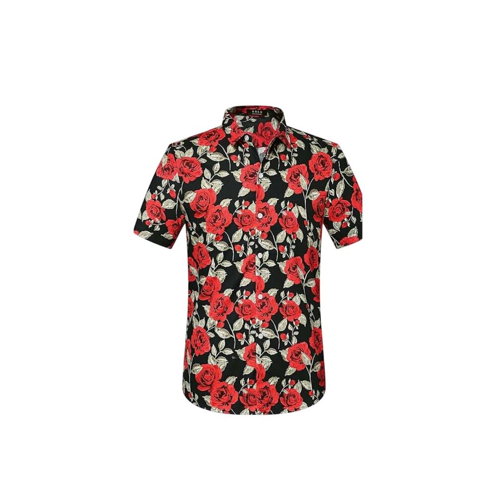 SSLR Floral Short Sleeve Casual Shirt for Men Floral Roses Red Lightweight